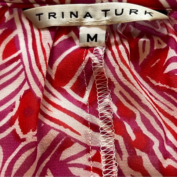 Trina Turk Silk Blend Printed Peasant Blouse keyhole neck relaxed semi sheer M - Picture 3 of 15